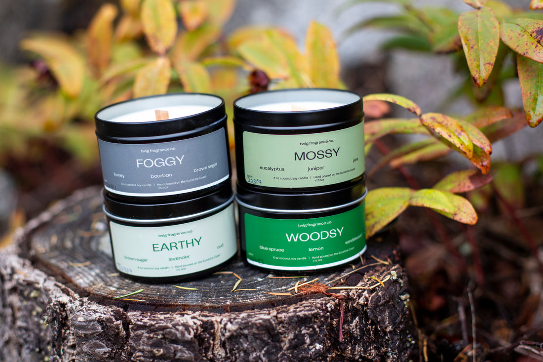 Twig's Wooden-Wick Candle line-up featuring fragrances with pine, juniper, lavender, brown sugar, tobacco, honey and bourbon.
