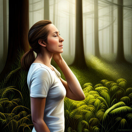 A calm woman stands smiling in the forest, deeply inhaling nature's soothing fragrances as she practices aromatherapy.